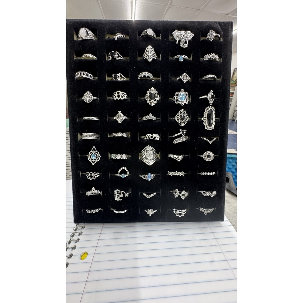 Wholesale Lot Of 50 Rings Costume Silver Onyx Blue In Mixed Sizes